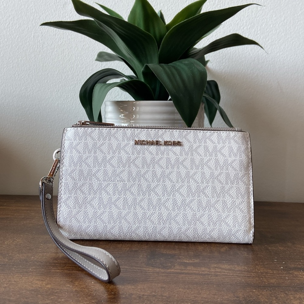 New Michael Kors White & Gray Double Zip Wristlet